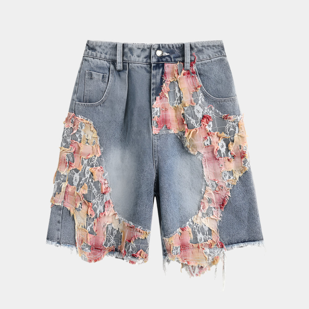 Patchwork Torn Lace Washed Denim Shorts - RUN THE STREETS COLLABORATIVE