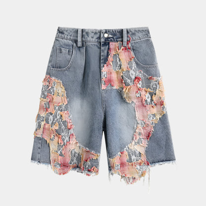 Patchwork Torn Lace Washed Denim Shorts - RUN THE STREETS COLLABORATIVE