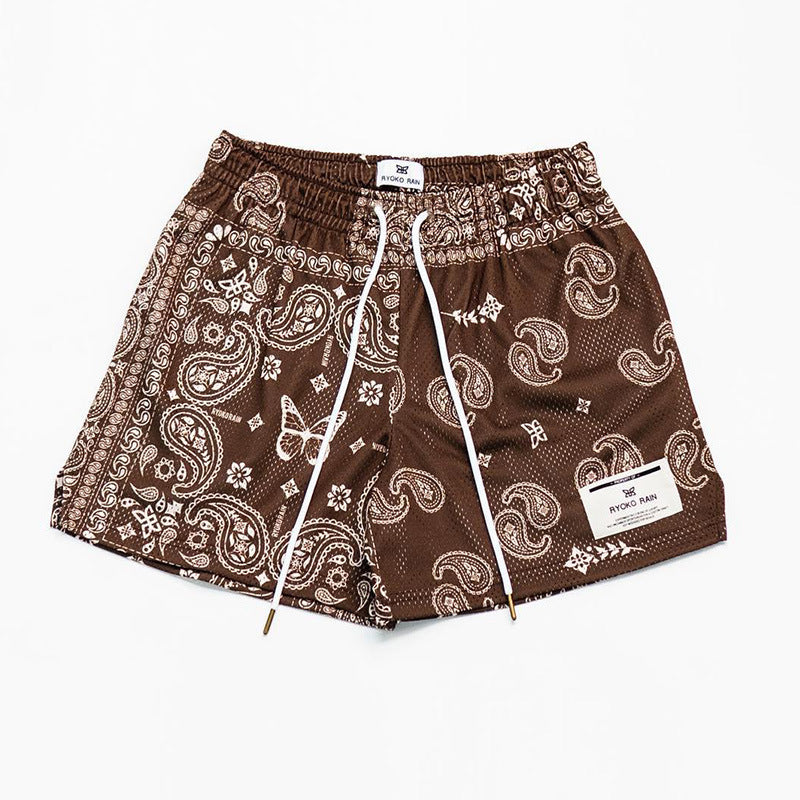 Brown Paisley Print Mesh Shorts - RUN THE STREETS COLLABORATIVE