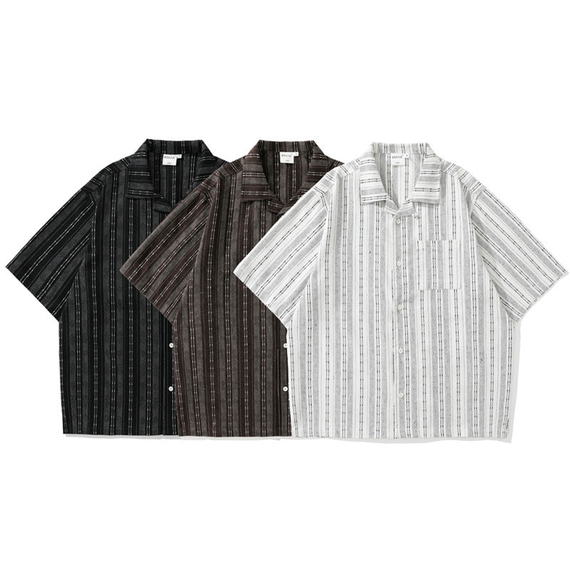 Striped Linen Blend Open Collar Shirt