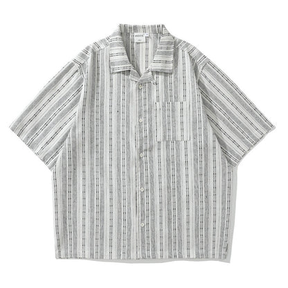 Striped Linen Blend Open Collar Shirt