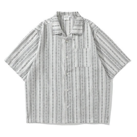 Striped Linen Blend Open Collar Shirt