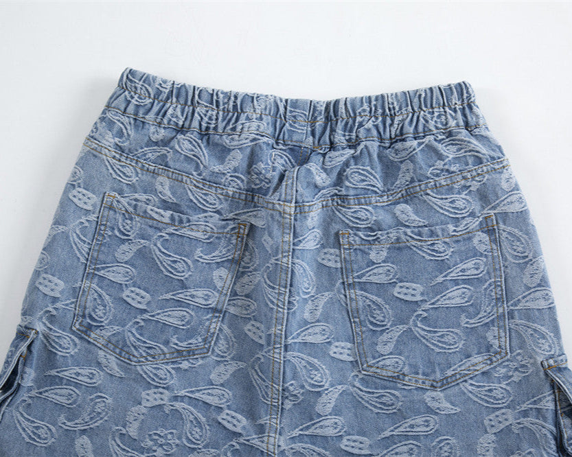 Cargo Pockets Jacquard Paisley Denim Shorts - RUN THE STREETS COLLABORATIVE