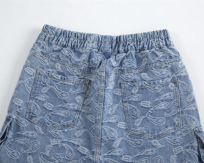 Cargo Pockets Jacquard Paisley Denim Shorts - RUN THE STREETS COLLABORATIVE