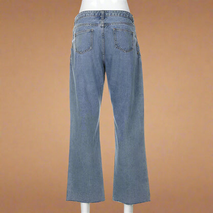 Fringed Hem Vintage Blue Drawstring Jeans - RUN THE STREETS COLLABORATIVE