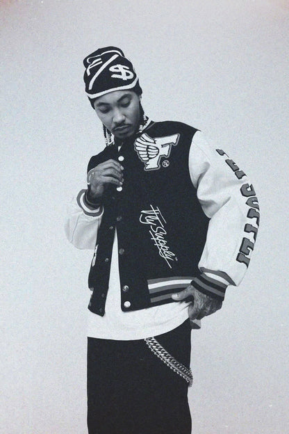 Manifest Varsity Jacket (Black) - RUN THE STREETS COLLABORATIVE