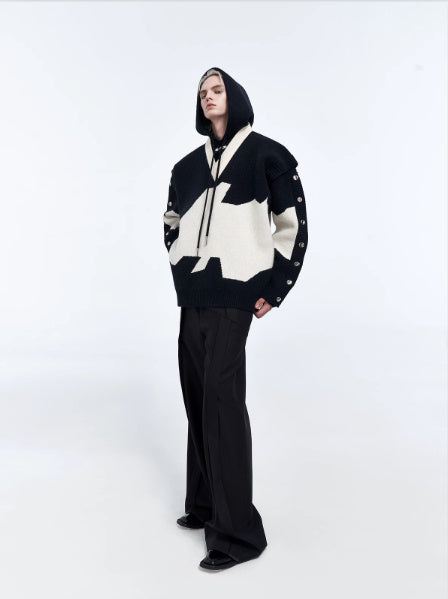 Abstract Snap-Detail Hooded Sweater