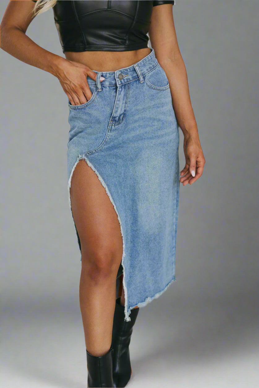 Cheyenne Frayed Slit Asymmetric Denim Midi Skirt - RUN THE STREETS COLLABORATIVE