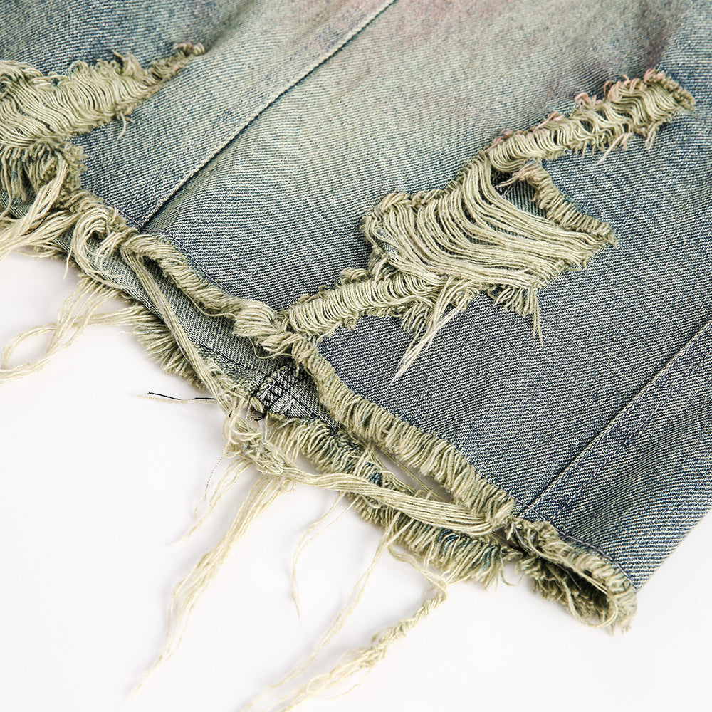 Ripped Washed Spray-Painted Denim Shorts - RUN THE STREETS COLLABORATIVE