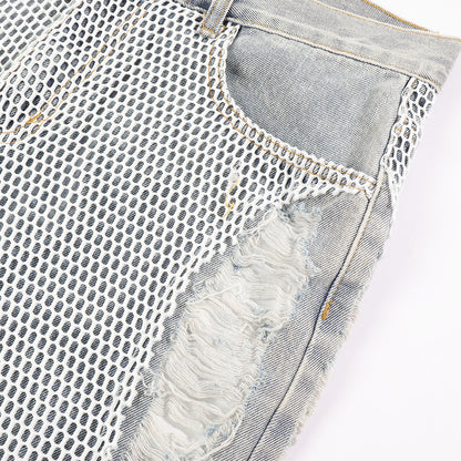 Mesh-Overlay Distressed Denim Shorts