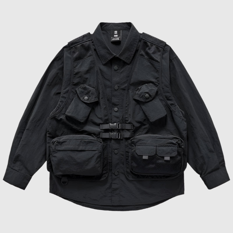Multi-pocket Utility Vest Cargo Over Long Sleeve Shirt - RUN THE STREETS COLLABORATIVE