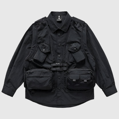 Multi-pocket Utility Vest Cargo Over Long Sleeve Shirt - RUN THE STREETS COLLABORATIVE