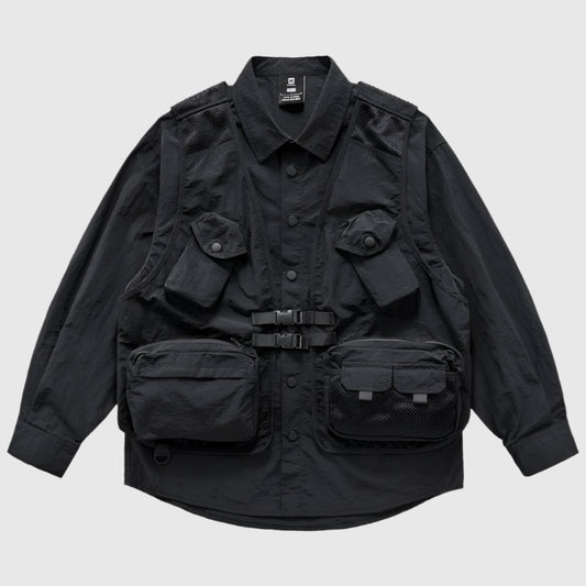 Multi-pocket Utility Vest Cargo Over Long Sleeve Shirt - RUN THE STREETS COLLABORATIVE
