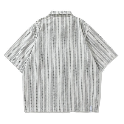 Striped Linen Blend Open Collar Shirt