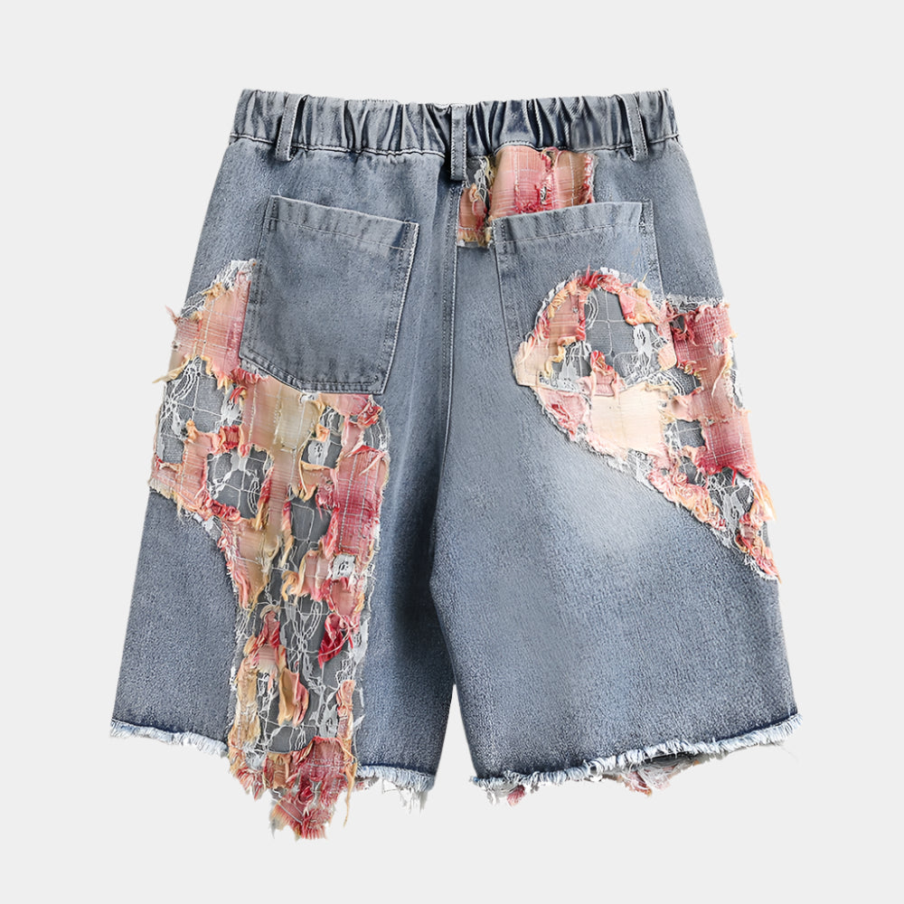 Patchwork Torn Lace Washed Denim Shorts - RUN THE STREETS COLLABORATIVE