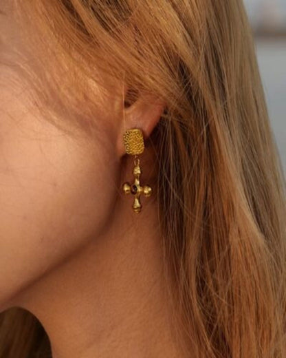 Gold Drop Earrings with Cross - RUN THE STREETS COLLABORATIVE