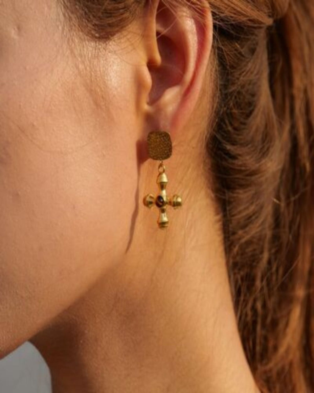 Gold Drop Earrings with Cross - RUN THE STREETS COLLABORATIVE