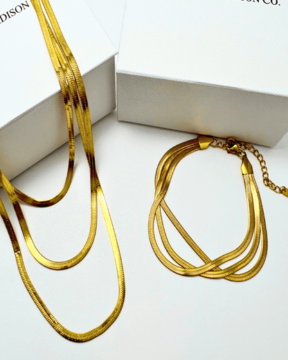 Gold Snake Chain Necklace Bracelet Set Triple-Layer - RUN THE STREETS COLLABORATIVE