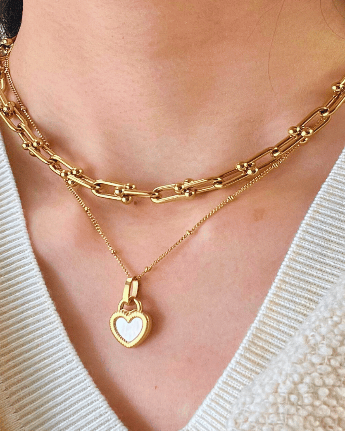 Gold Link Chain + Heart Pearl Pendant Necklace Stack Bundle - RUN THE STREETS COLLABORATIVE