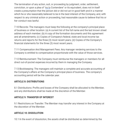 Single Member LLC Operating Agreement (Member Managed) - RTS Collaborative