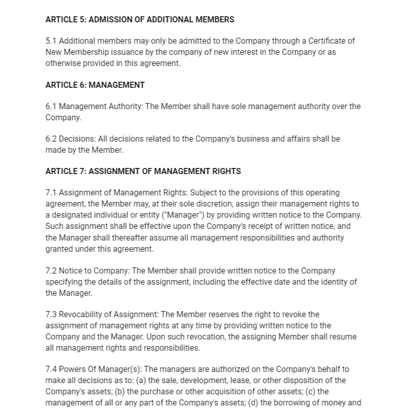 Single Member LLC Operating Agreement (Member Managed) - RTS Collaborative