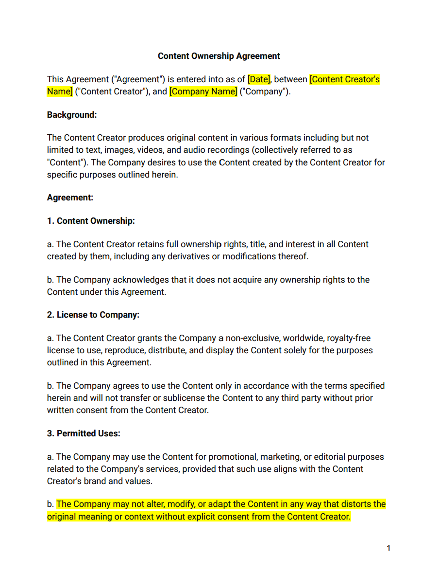 Content Ownership Agreements (Non-Exclusive, Royalty-Free) (Modification Restrictions & Modification Rights) - RTS Collaborative