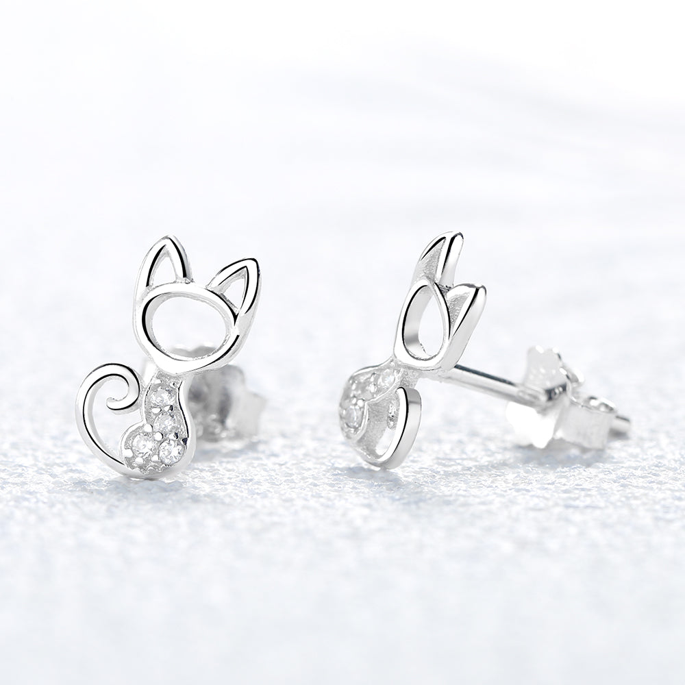 Sterling Silver Whimsical Cat Earrings with Swarovski Crystal - RUN THE STREETS COLLABORATIVE