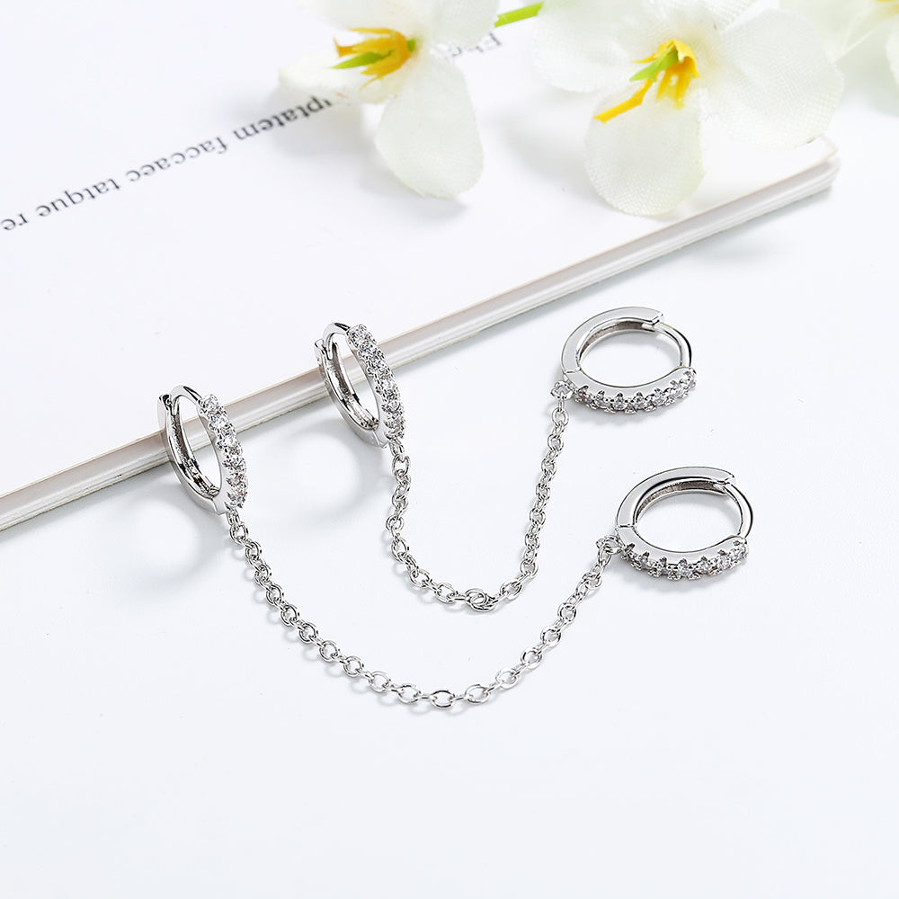 Sterling Silver Double Huggie Chain Earrings with Swarovski Crystals - RUN THE STREETS COLLABORATIVE