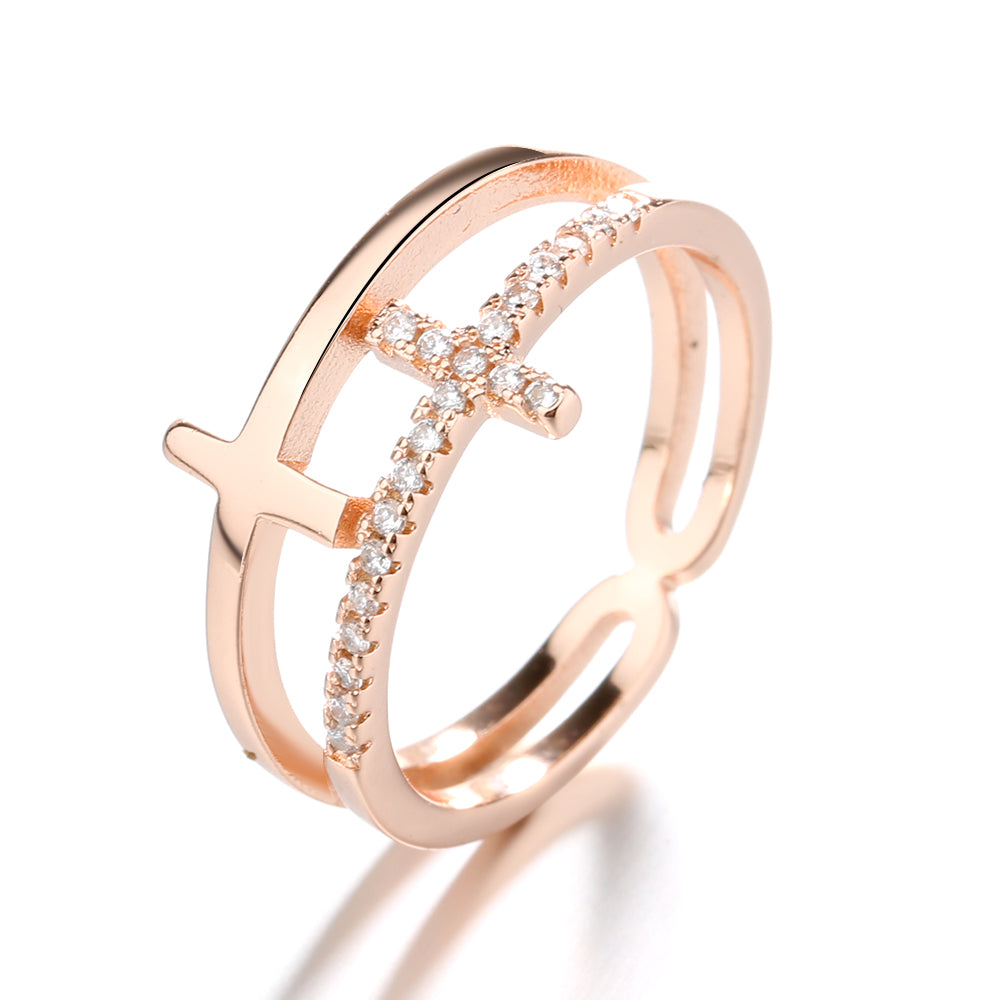 18k White Gold, Yellow Gold. and Rose Gold Sideways Cross Ring with Crystals - RUN THE STREETS COLLABORATIVE