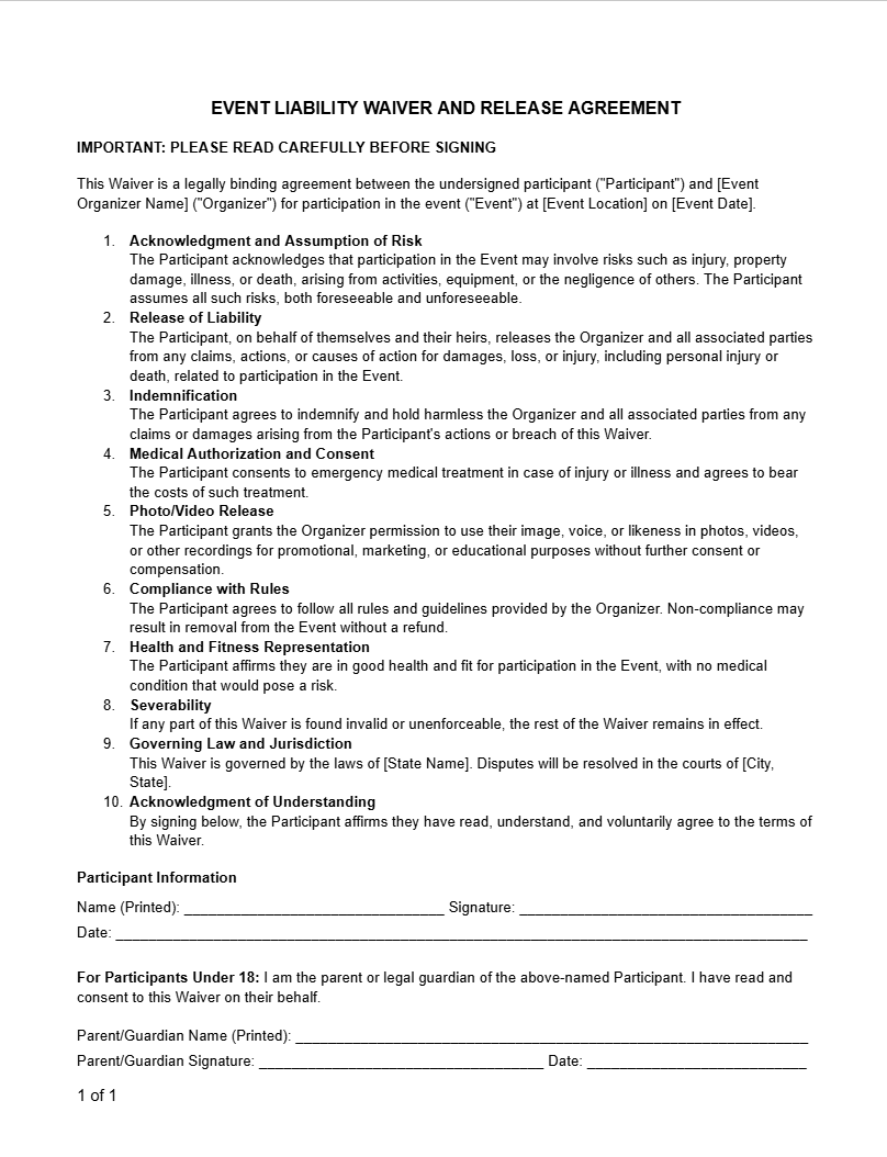 Event Liability Waiver And Release Agreement - RUN THE STREETS COLLABORATIVE