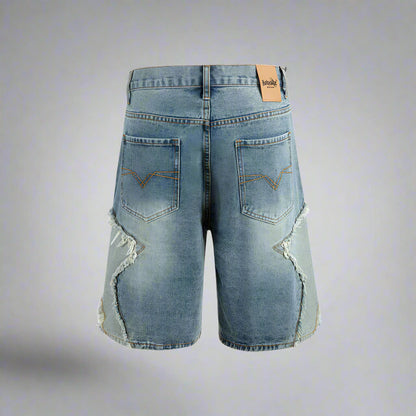 Five-Pointed Star Raw-Cut Denim Shorts - RUN THE STREETS COLLABORATIVE