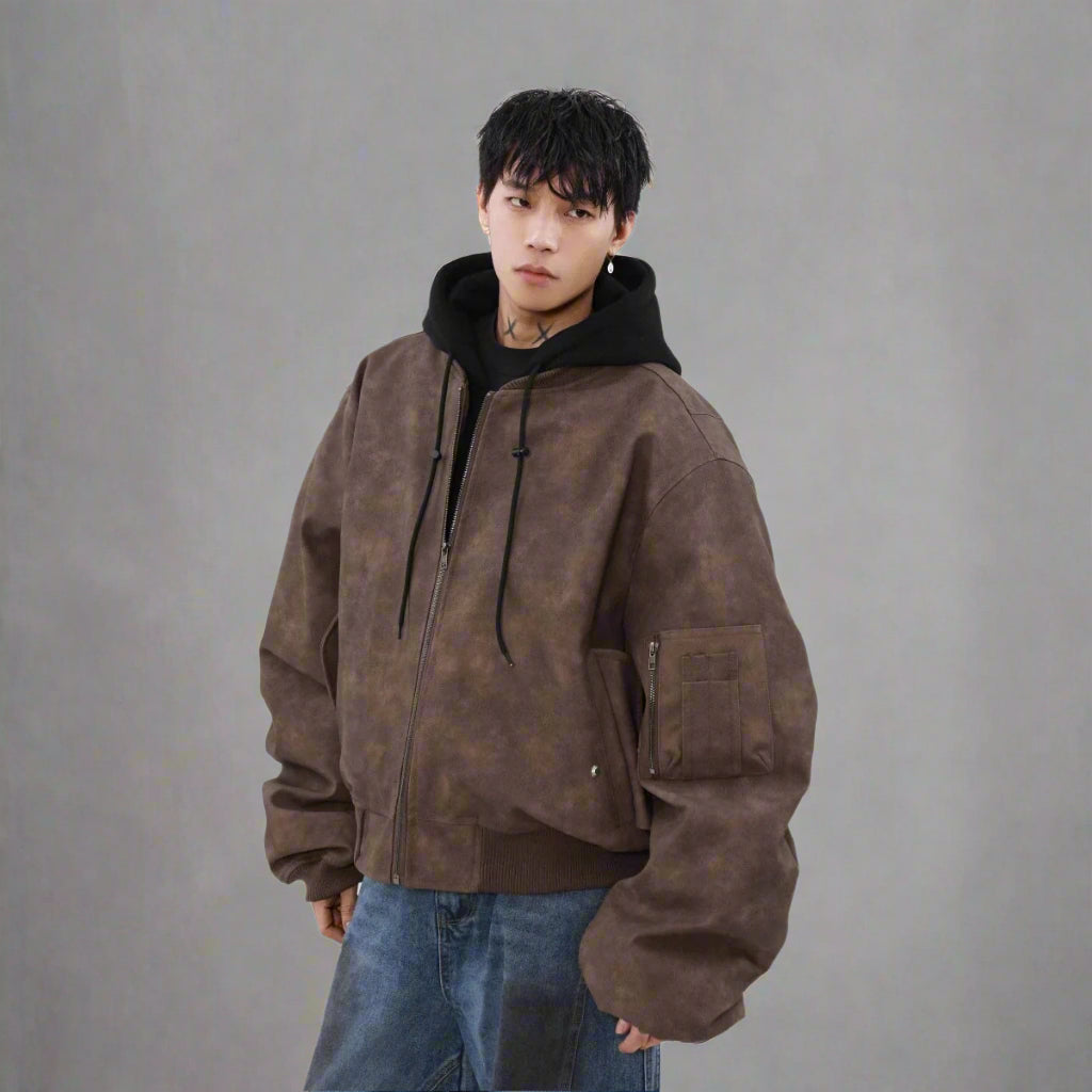 Faded Mocha Bomber Hoodie Jacket - RUN THE STREETS COLLABORATIVE