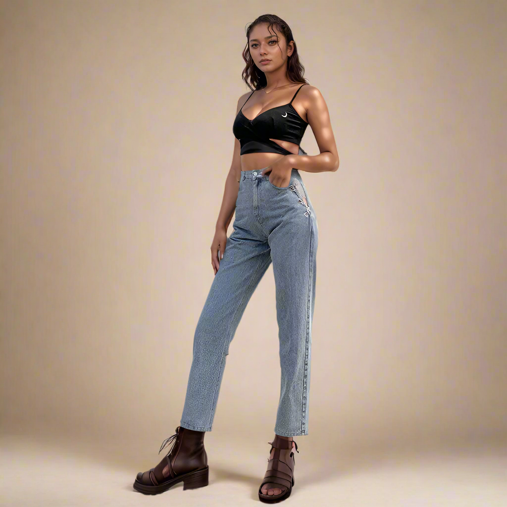 High-Rise Hip Chain Denim Jeans - RUN THE STREETS COLLABORATIVE