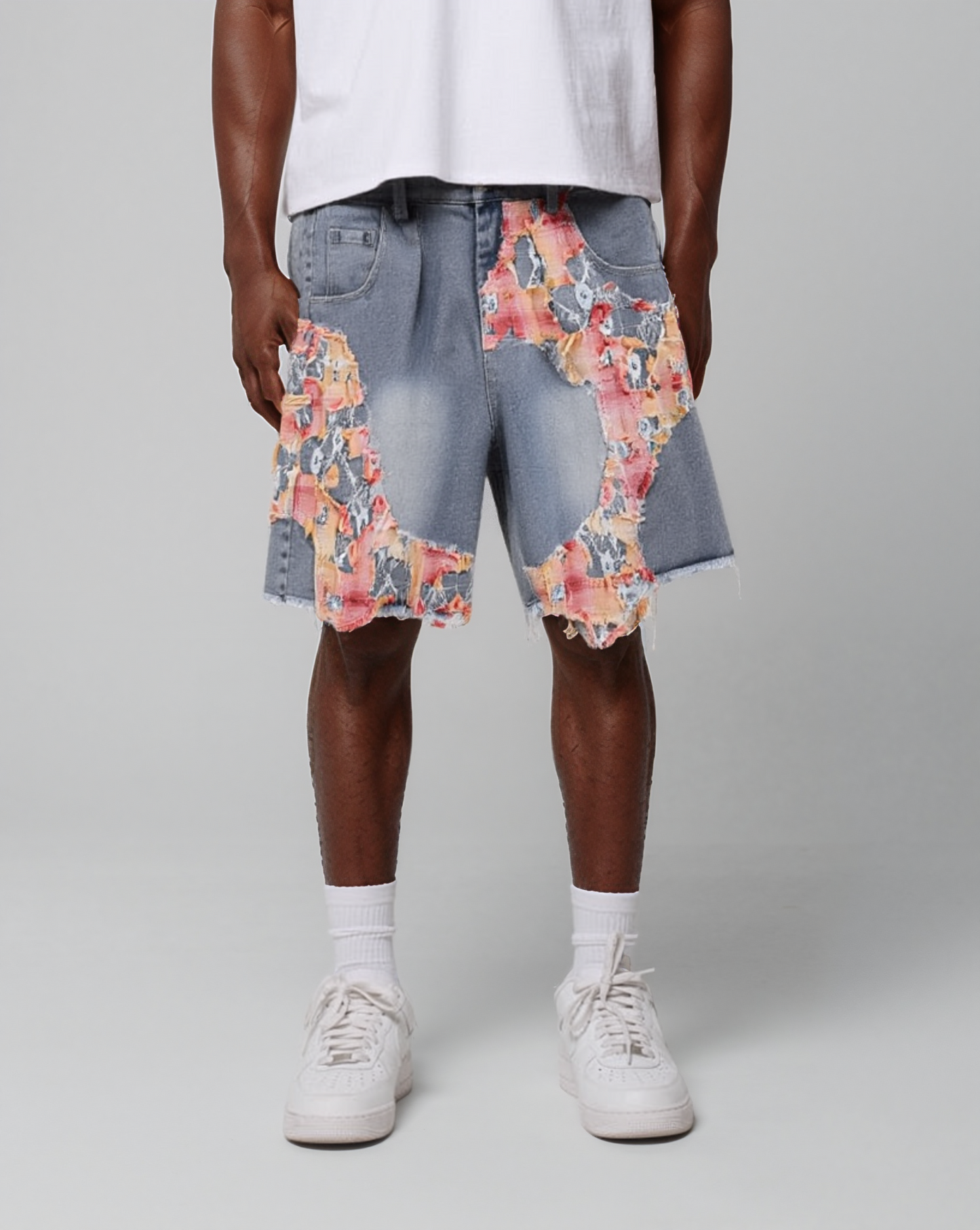 Patchwork Torn Lace Washed Denim Shorts - RUN THE STREETS COLLABORATIVE