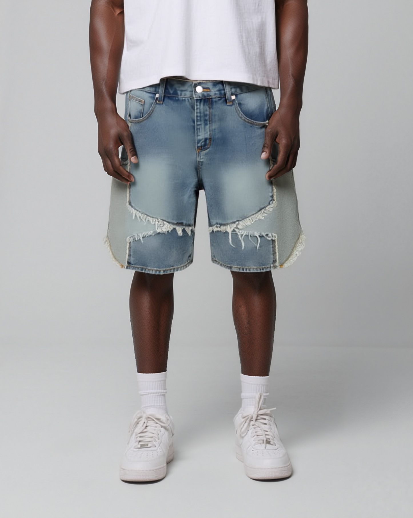 Five-Pointed Star Raw-Cut Denim Shorts - RUN THE STREETS COLLABORATIVE