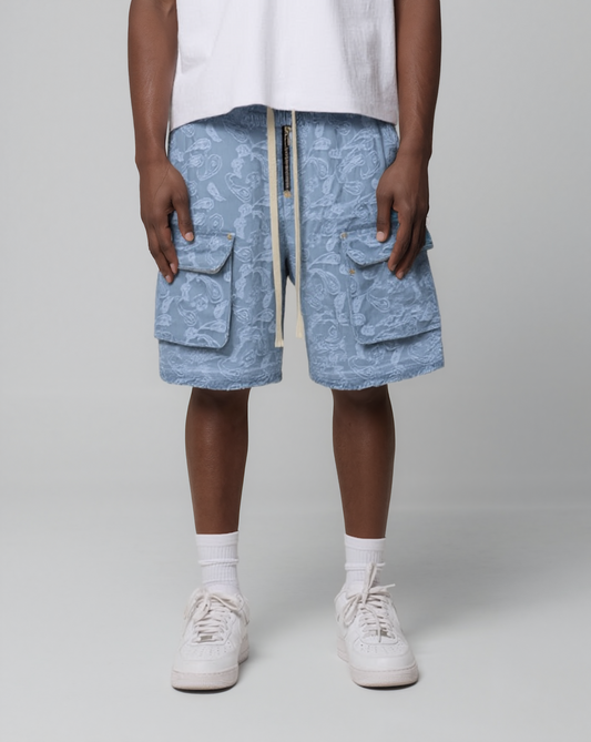 Cargo Pockets Jacquard Paisley Denim Shorts - RUN THE STREETS COLLABORATIVE