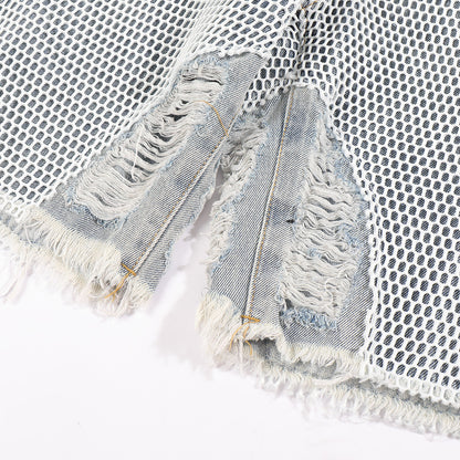 Mesh-Overlay Distressed Denim Shorts
