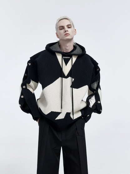 Abstract Snap-Detail Hooded Sweater