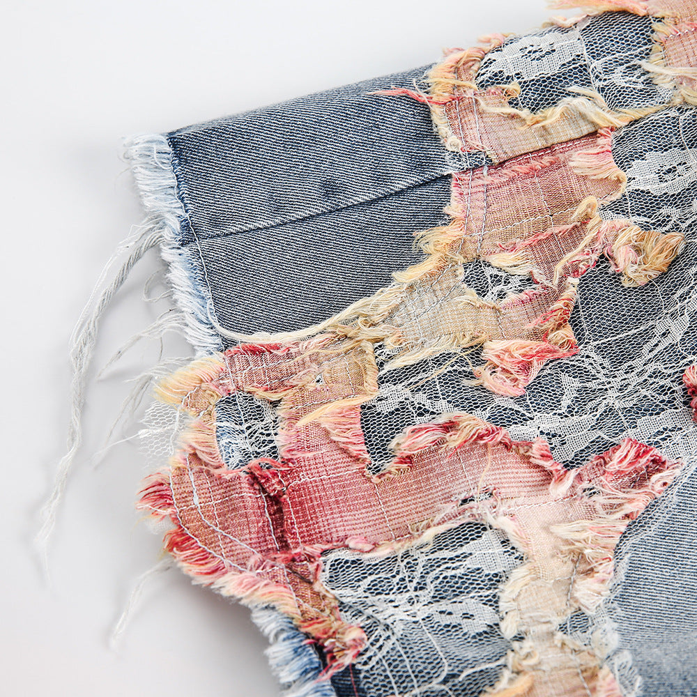 Patchwork Torn Lace Washed Denim Shorts - RUN THE STREETS COLLABORATIVE