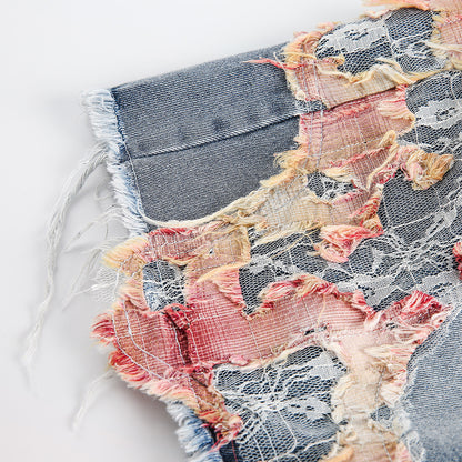 Patchwork Torn Lace Washed Denim Shorts - RUN THE STREETS COLLABORATIVE