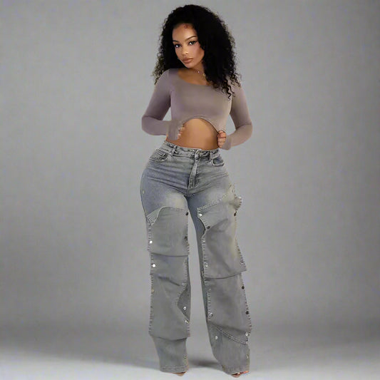 Button High Waist Straight Jeans - RUN THE STREETS COLLABORATIVE