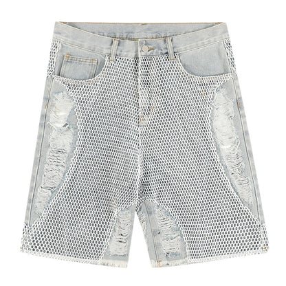 Mesh-Overlay Distressed Denim Shorts