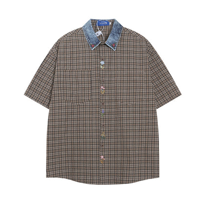 Denim Collar Plaid Short-Sleeve Shirt