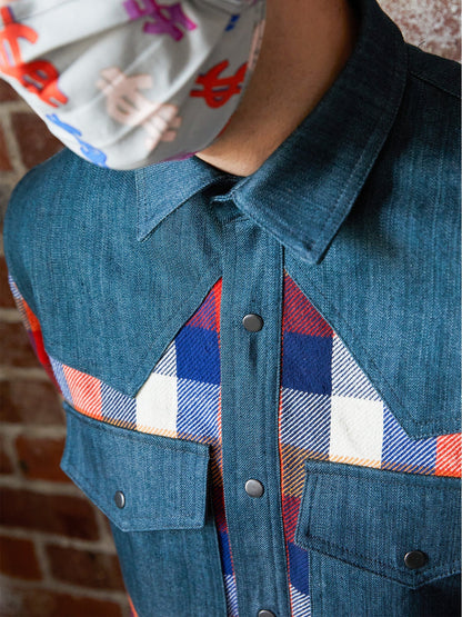 Western Shirt in Orange Checked Flannel and Denim - RUN THE STREETS COLLABORATIVE