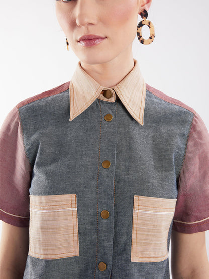 Cropped Button-Down Shirt in Blue and Red Chambray - RUN THE STREETS COLLABORATIVE