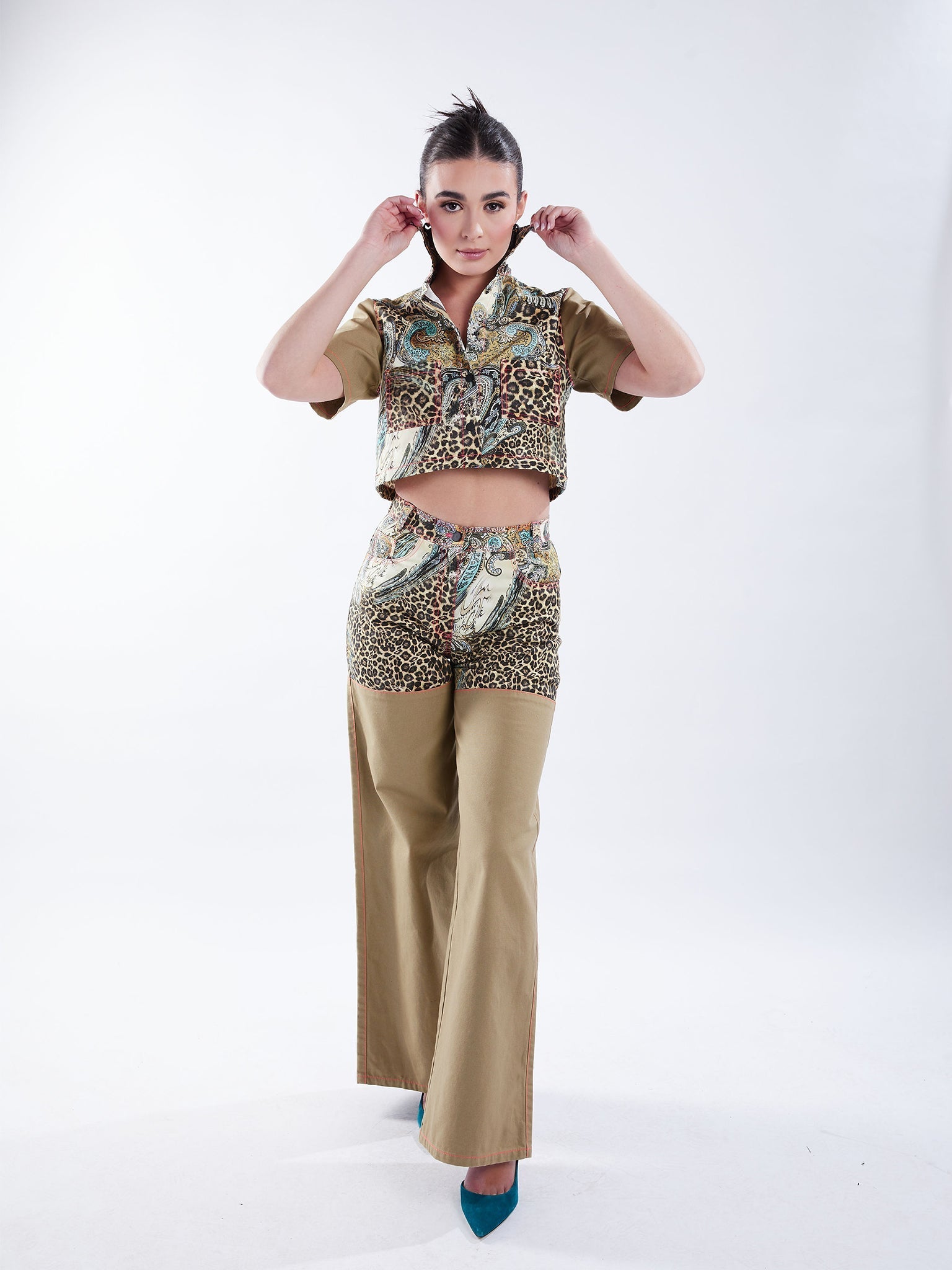 Cropped Button-Down Shirt in Tan and Leopard Paisley - RUN THE STREETS COLLABORATIVE