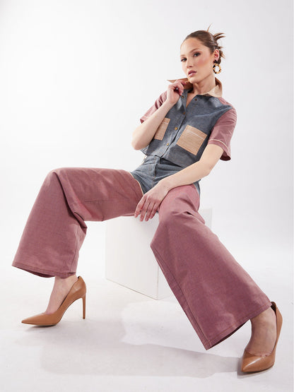 Cropped Button-Down Shirt in Blue and Red Chambray - RUN THE STREETS COLLABORATIVE