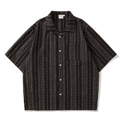 Striped Linen Blend Open Collar Shirt