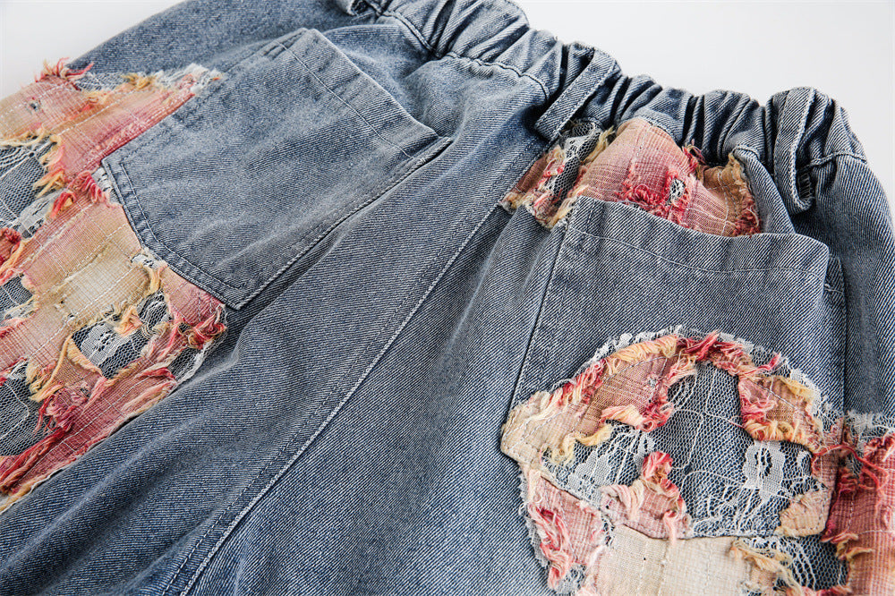 Patchwork Torn Lace Washed Denim Shorts - RUN THE STREETS COLLABORATIVE