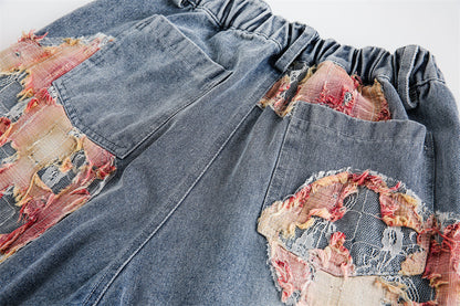Patchwork Torn Lace Washed Denim Shorts - RUN THE STREETS COLLABORATIVE